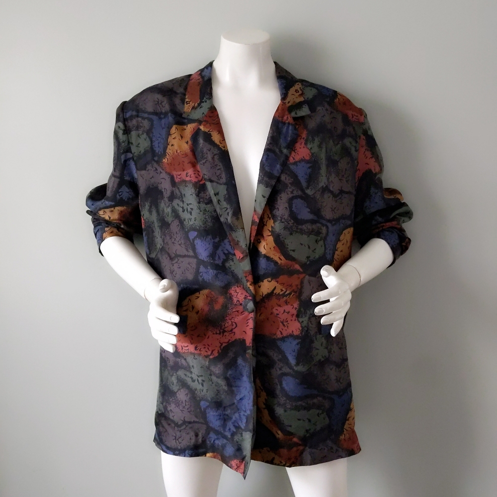 Vtg 90s Abstract Print Silk Autumn Colors Soft Oversized Blazer M